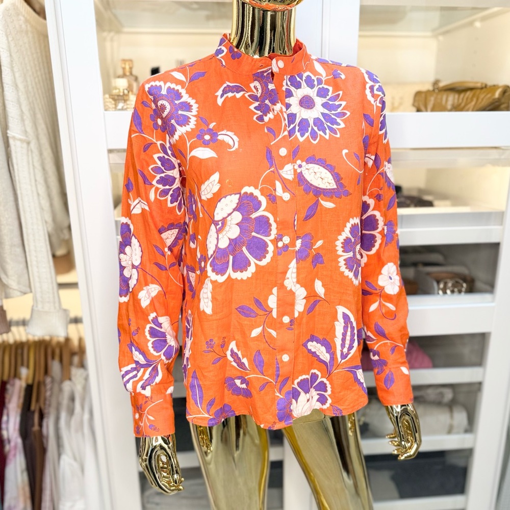 Ann Taylor Floral Orange Purple Women's Top Blouse 100% Linen NWOT Size XS